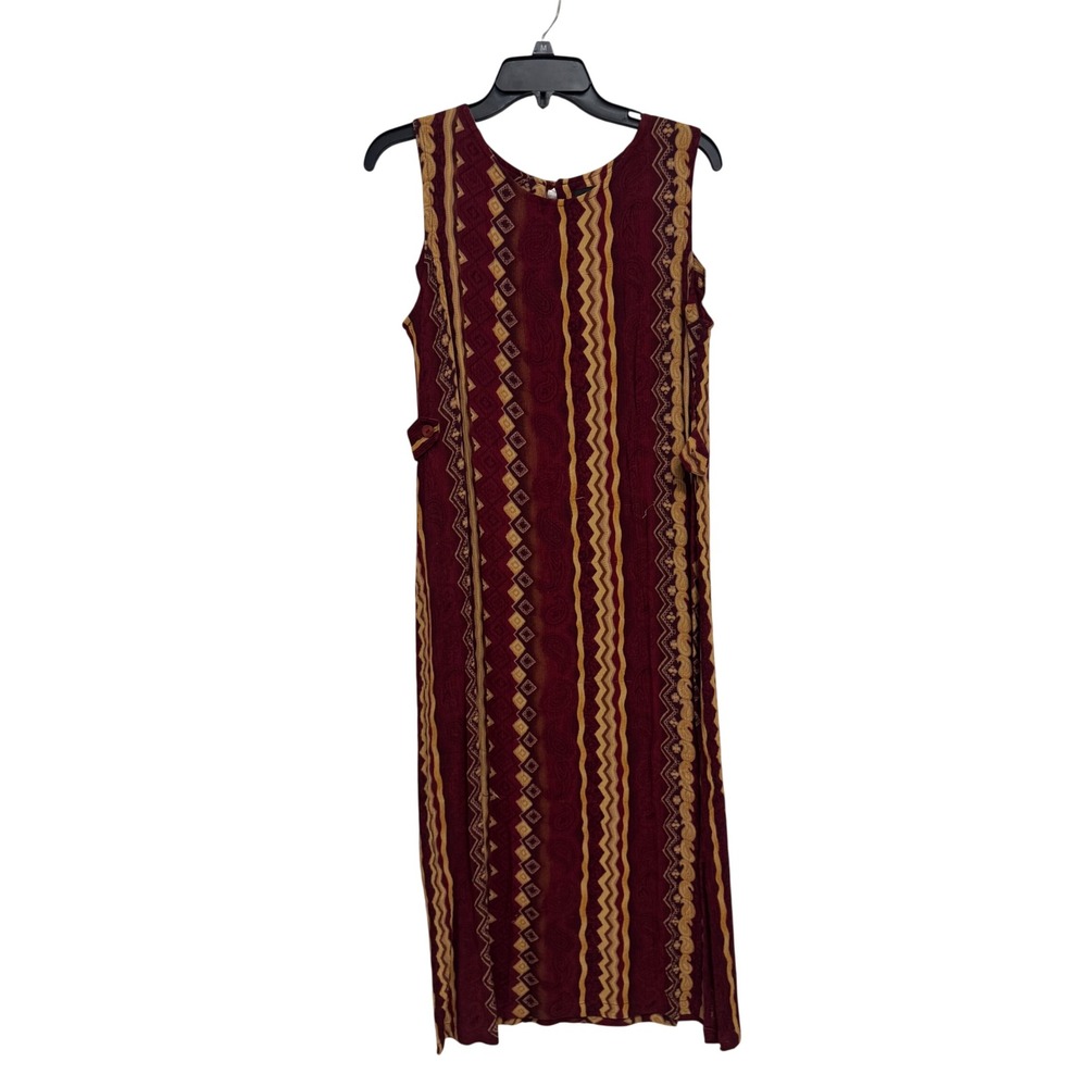 Sag Harbor Vintage Sleeveless Midi Dress Burgundy Mustard Geometric Rayon Medium